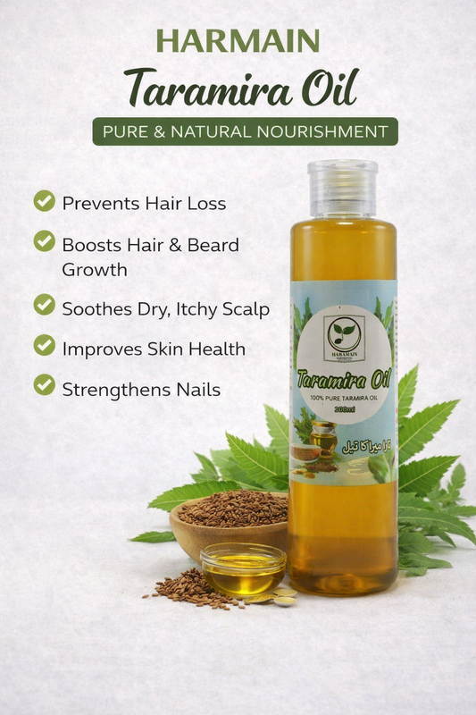 Harmain Taramira Oil bottle with ingredients and benefits on a white background