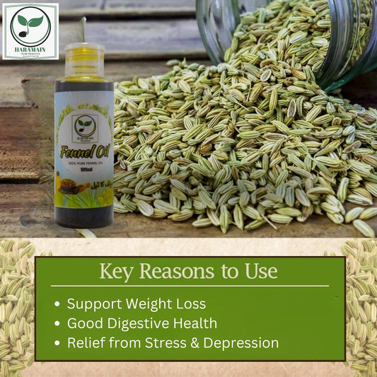 Fennel seeds and oil bottle with health benefits text on a wooden surface