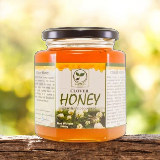 Jar of clover honey on a wooden surface with a blurred natural background