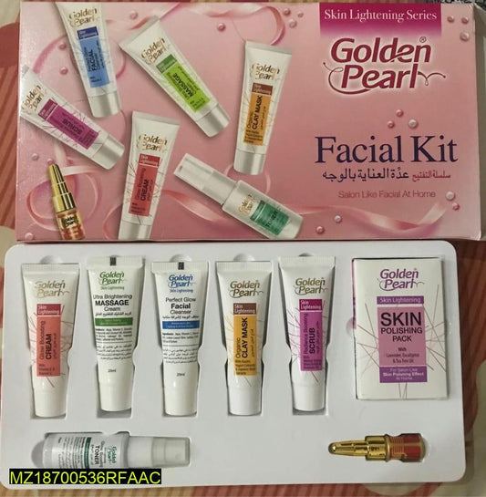 Golden Pearl Facial Kit with various skincare products on a pink background