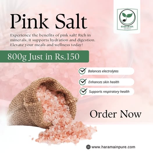 Advertisement for pink salt with a bag of salt and promotional text on a pink background.