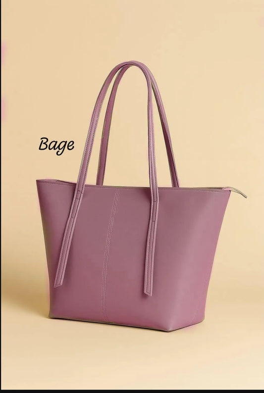 Purple tote bag on a beige background with 'Bage' text.