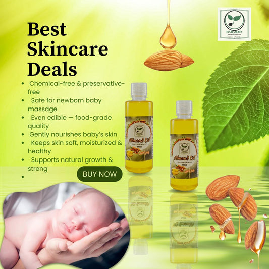 Advertisement for almond oil skincare products with baby and natural elements on a green background.