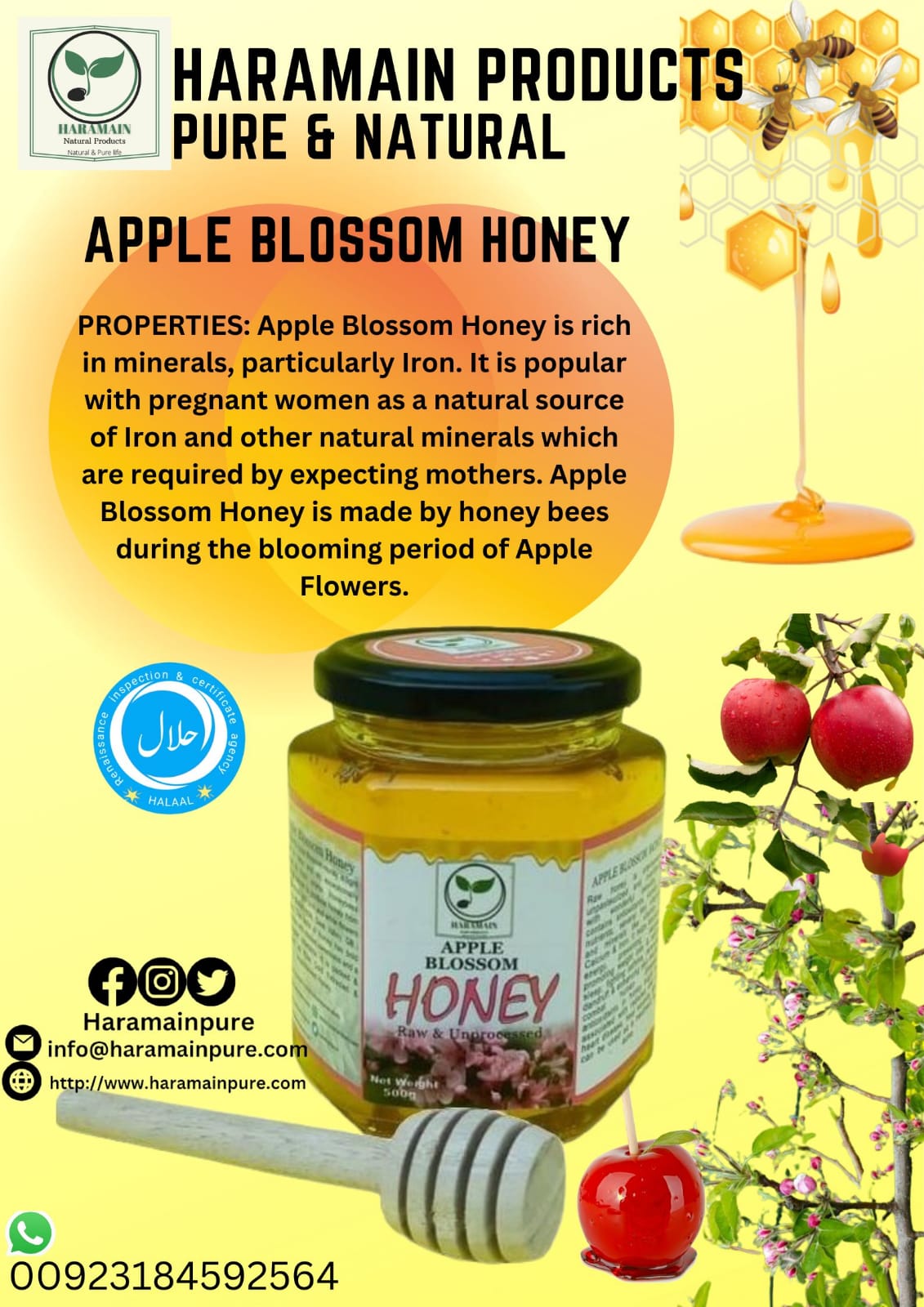 Advertisement for Haramain Apple Blossom Honey with honey jar, apples, and honey dipper on a yellow background.