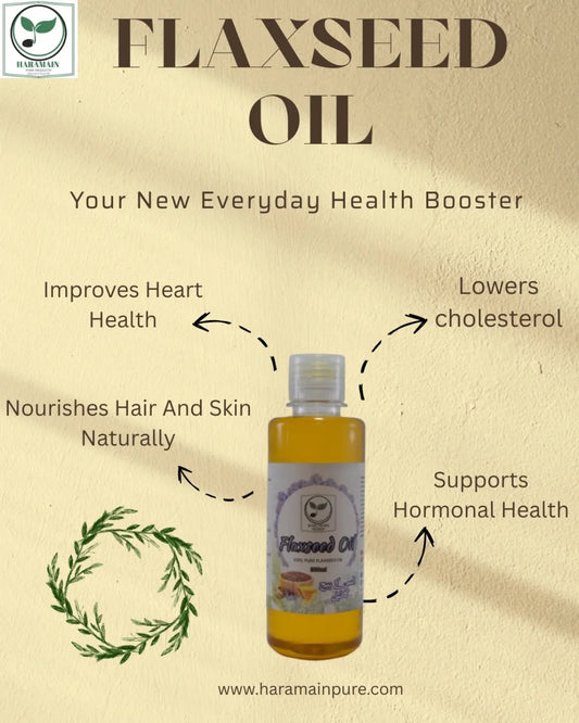 Flaxseed oil bottle with health benefits on a beige background