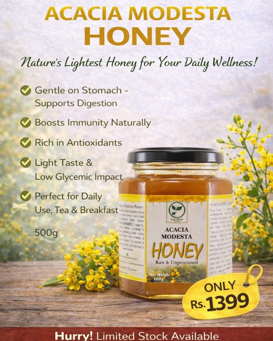 Jar of Acacia Modesta Honey with flowers on a wooden surface, featuring product details and pricing.