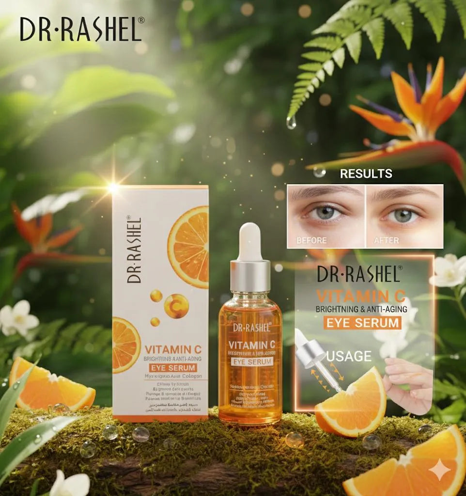 Dr. Rashel Vitamin C eye serum with packaging and usage instructions against a natural background.