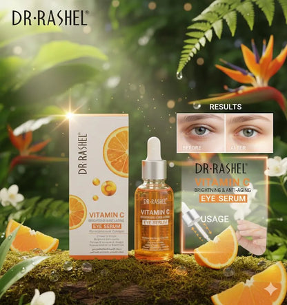 Dr. Rashel Vitamin C eye serum with packaging and usage instructions against a natural background.