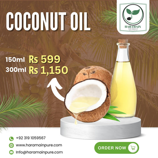 Coconut oil advertisement with bottle, coconuts, and promotional text on a nature-themed background.