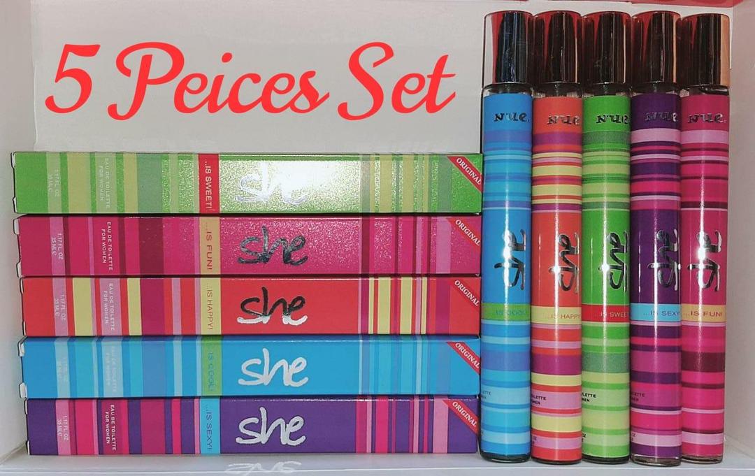 Set of colorful books with 'she' branding and a box labeled '5 Pieces Set'.