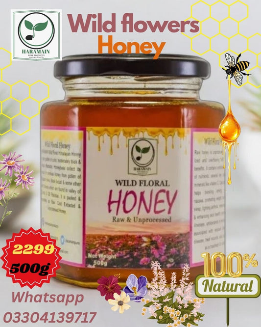 Jar of wild floral honey with promotional text and graphics on a white background