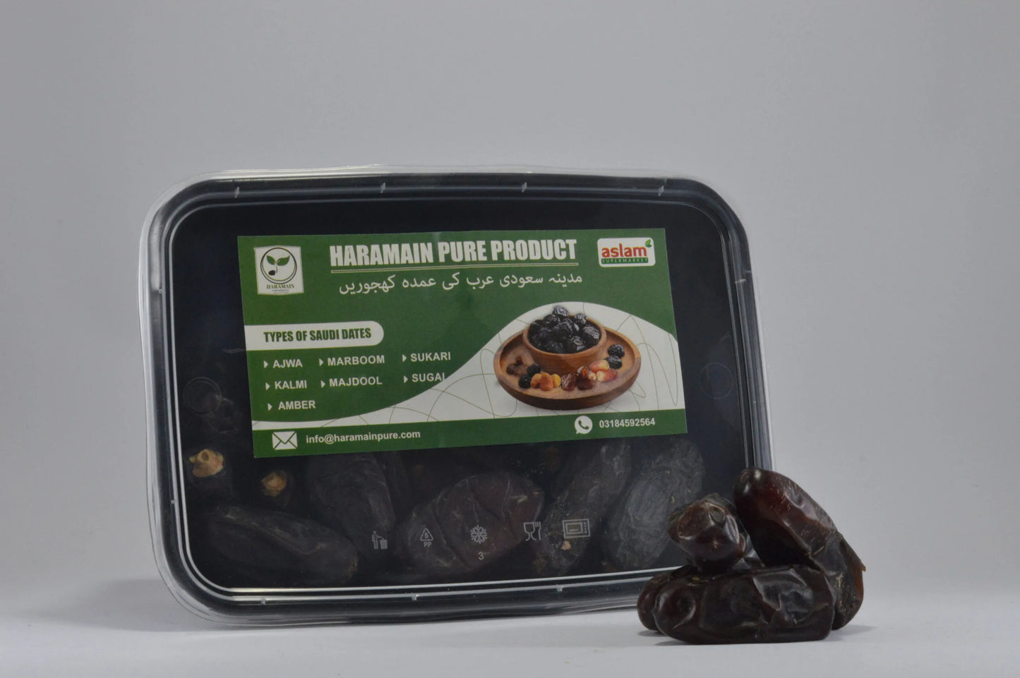 Packaged dates with a visible brand label on a gray background