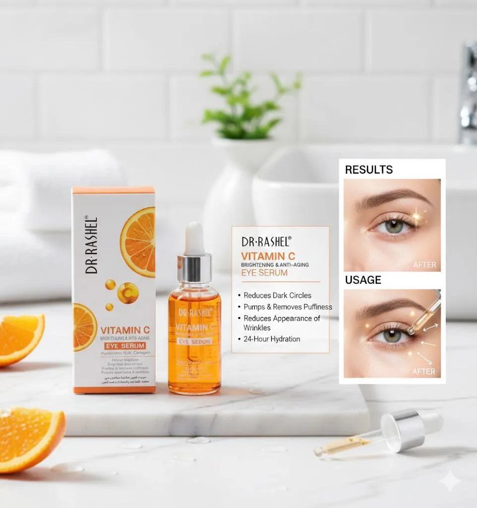 Dr. Rashel Vitamin C eye serum with packaging and usage instructions on a white surface.