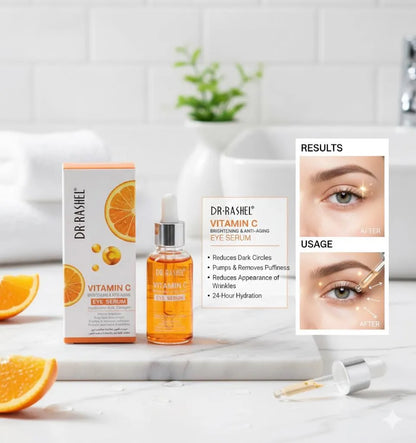 Dr. Rashel Vitamin C eye serum with packaging and usage instructions on a white surface.