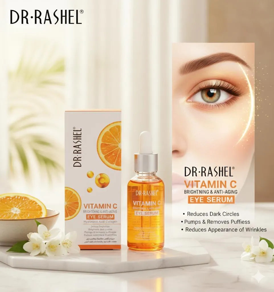 Dr. Rashel Vitamin C eye serum with packaging and oranges on a light background