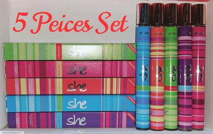 Set of colorful books with 'she' branding and a box labeled '5 Pieces Set'.