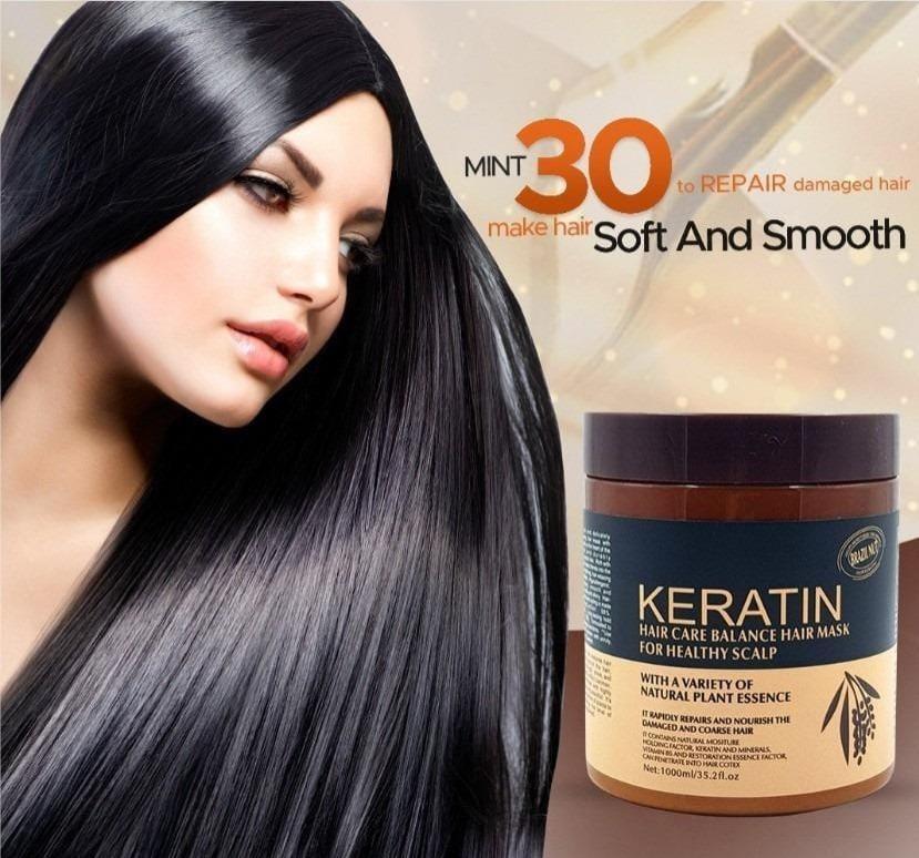 Woman with long black hair next to a jar of Keratin hair care product.