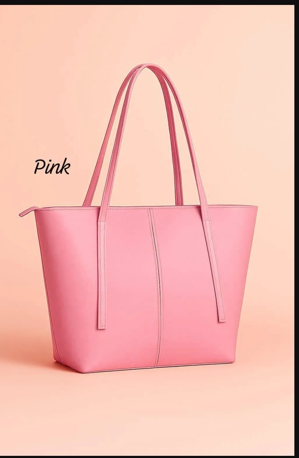Pink tote bag on a pink background with 'Pink' text.