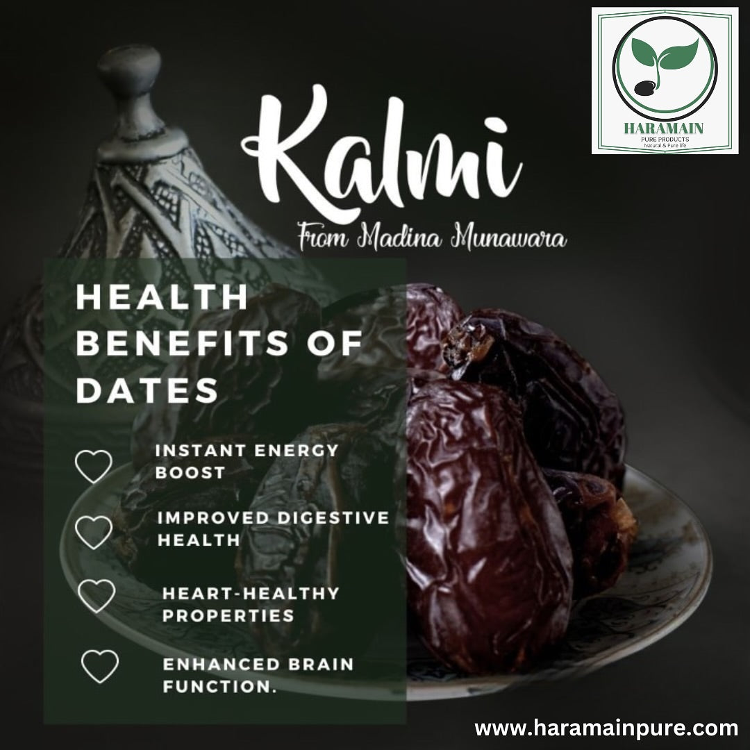 Advertisement for Kalmi with health benefits of dates and Haramain Pure logo.