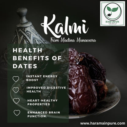 Advertisement for Kalmi with health benefits of dates and Haramain Pure logo.