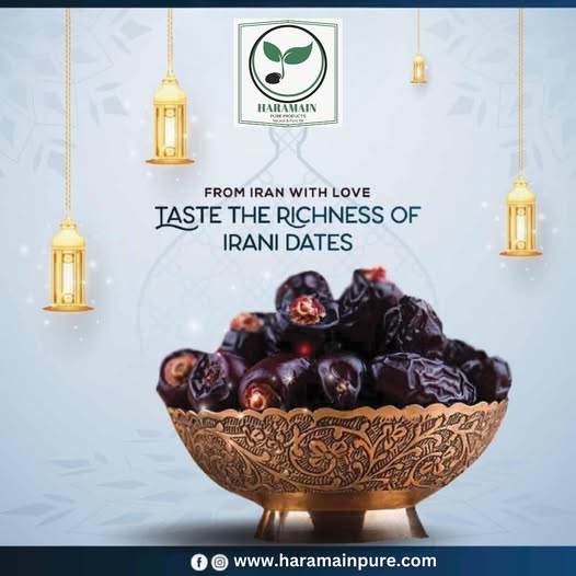 Advertisement for Irani dates with a bowl of dates and hanging lanterns on a light blue background.