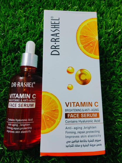 Dr. Rashel Vitamin C face serum bottle and packaging on grass