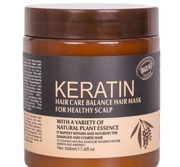 Keratin hair care balance hair mask jar with label on a white background