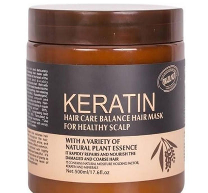 Keratin hair care balance hair mask jar with label on a white background