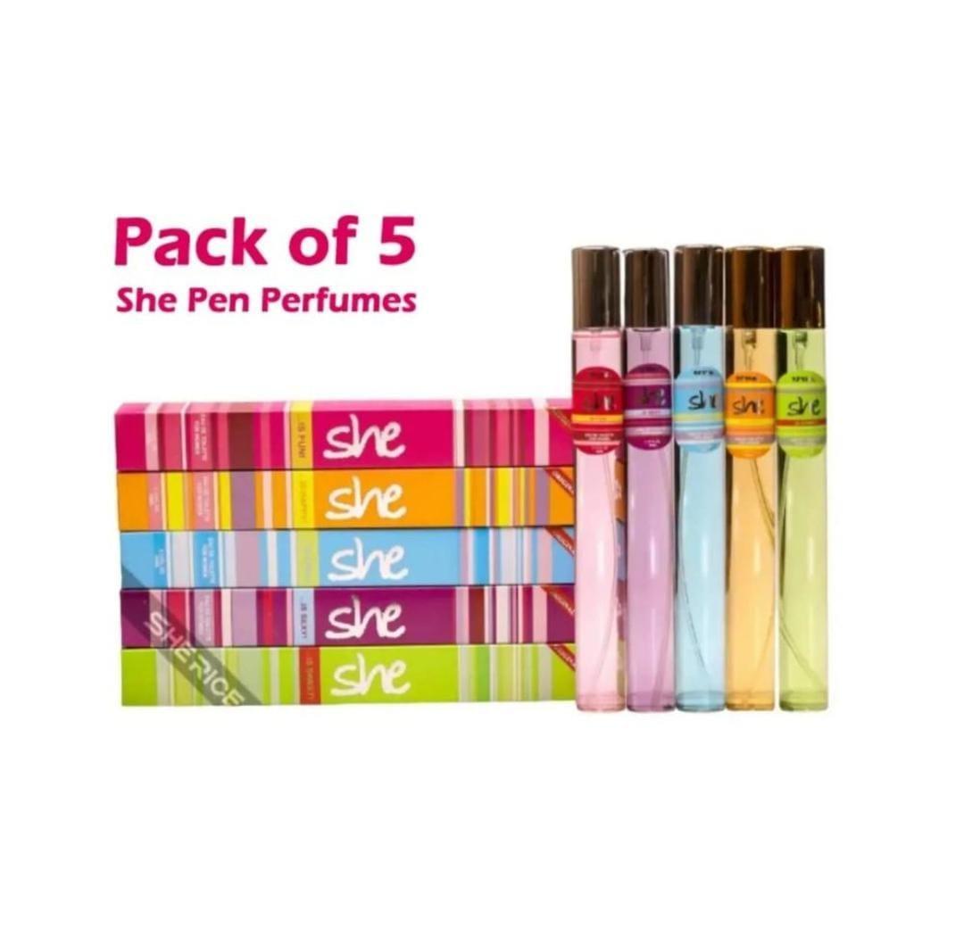 Pack of 5 'she' pen perfumes with colorful packaging on a white background