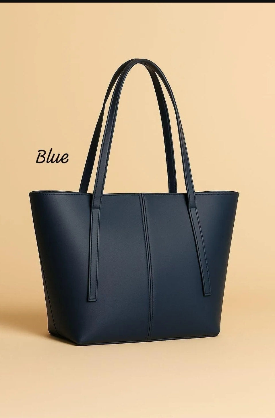 Blue handbag on a beige background with 'Blue' text.
