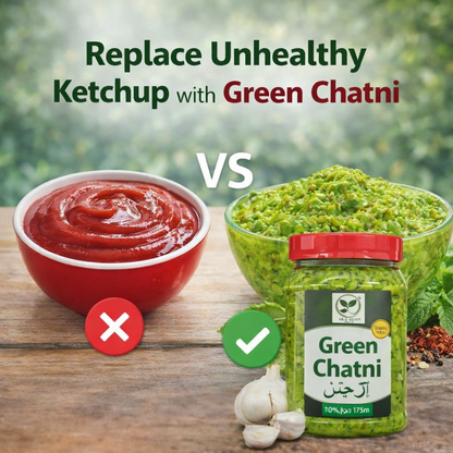 Comparison between ketchup and green chatni with text 'Replace Unhealthy Ketchup with Green Chatni'.