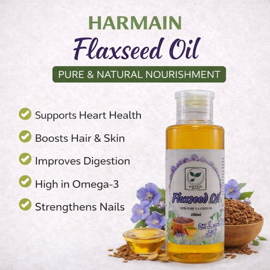 Bottle of Harmain Flaxseed Oil with benefits listed on a light background