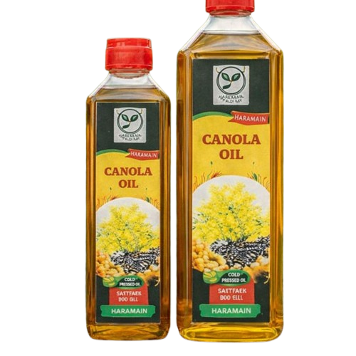 Two bottles of Canola Oil with visible labels on a white background