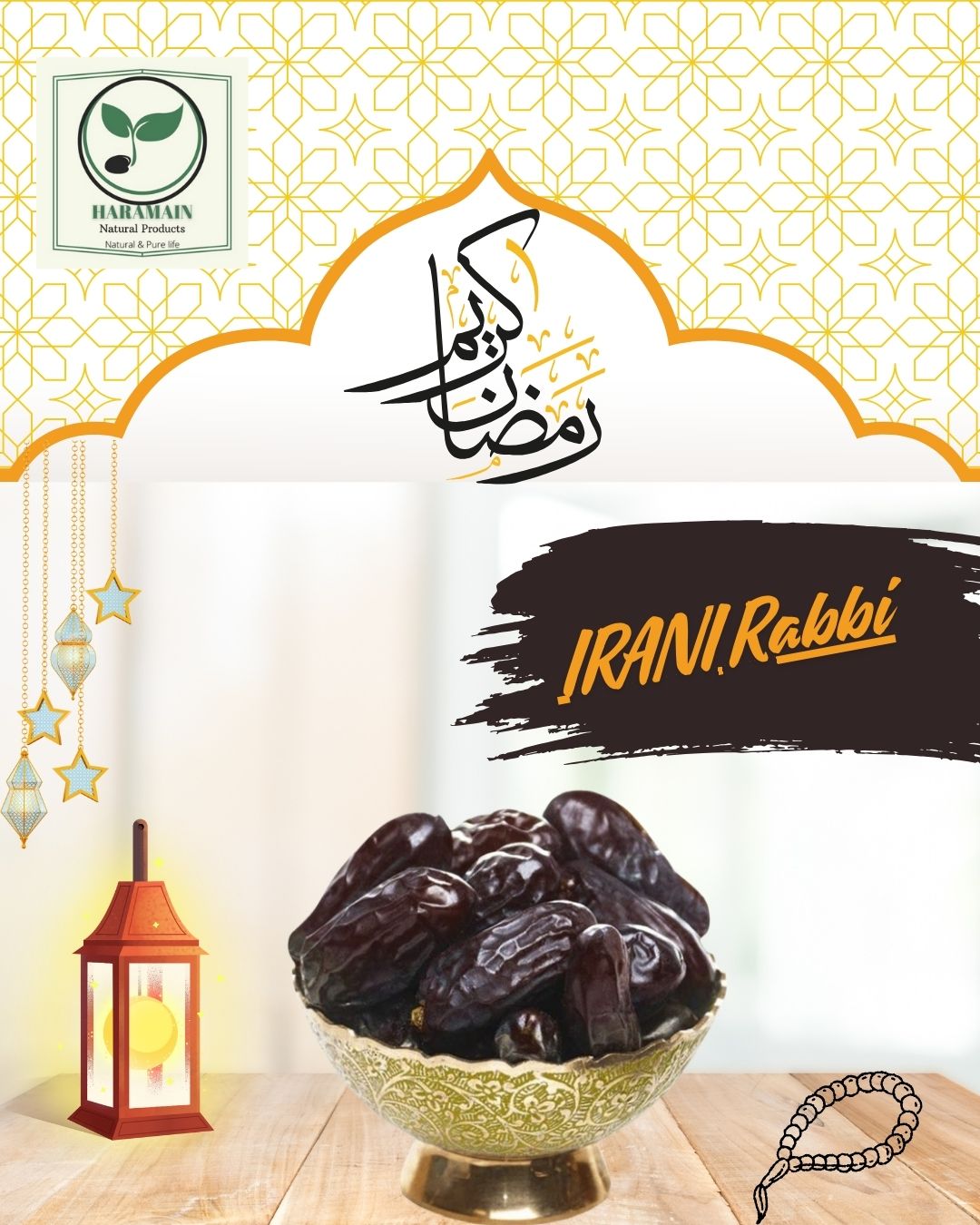 Dried dates in a bowl with 'IRANI Rabbi' branding on a decorative background.