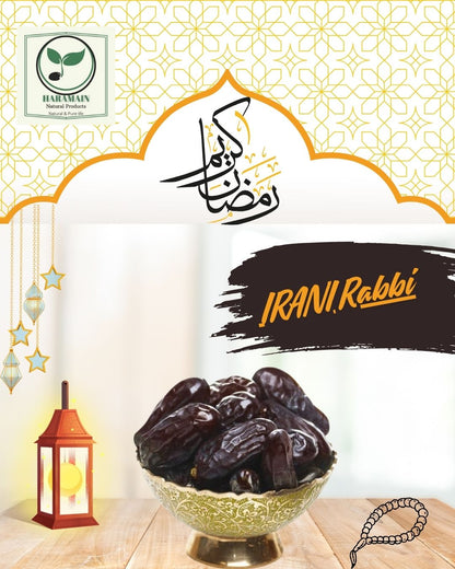 Dried dates in a bowl with 'IRANI Rabbi' branding on a decorative background.