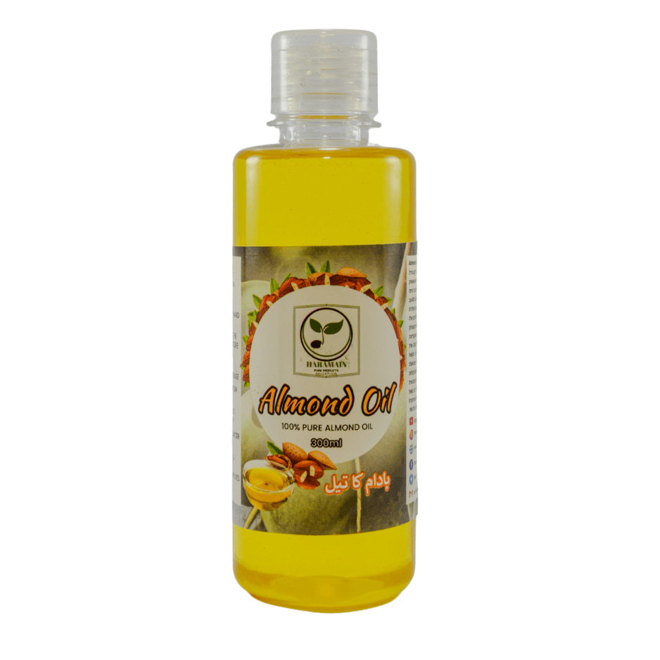 Haramain Pure Products – Cold Pressed Almond Oil (100% Natural)

• Type: Cold Pressed Almond Oil
• Extraction Method: Cold-pressed to retain all essential nutrients and natural aroma
• Purity: 100% pure, chemical-free, and unrefined
• Source: Premium quality sweet almonds