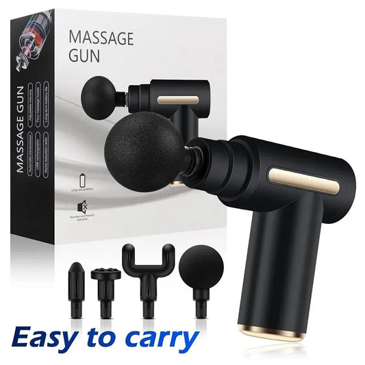 Black massage gun with attachments and packaging on a white background