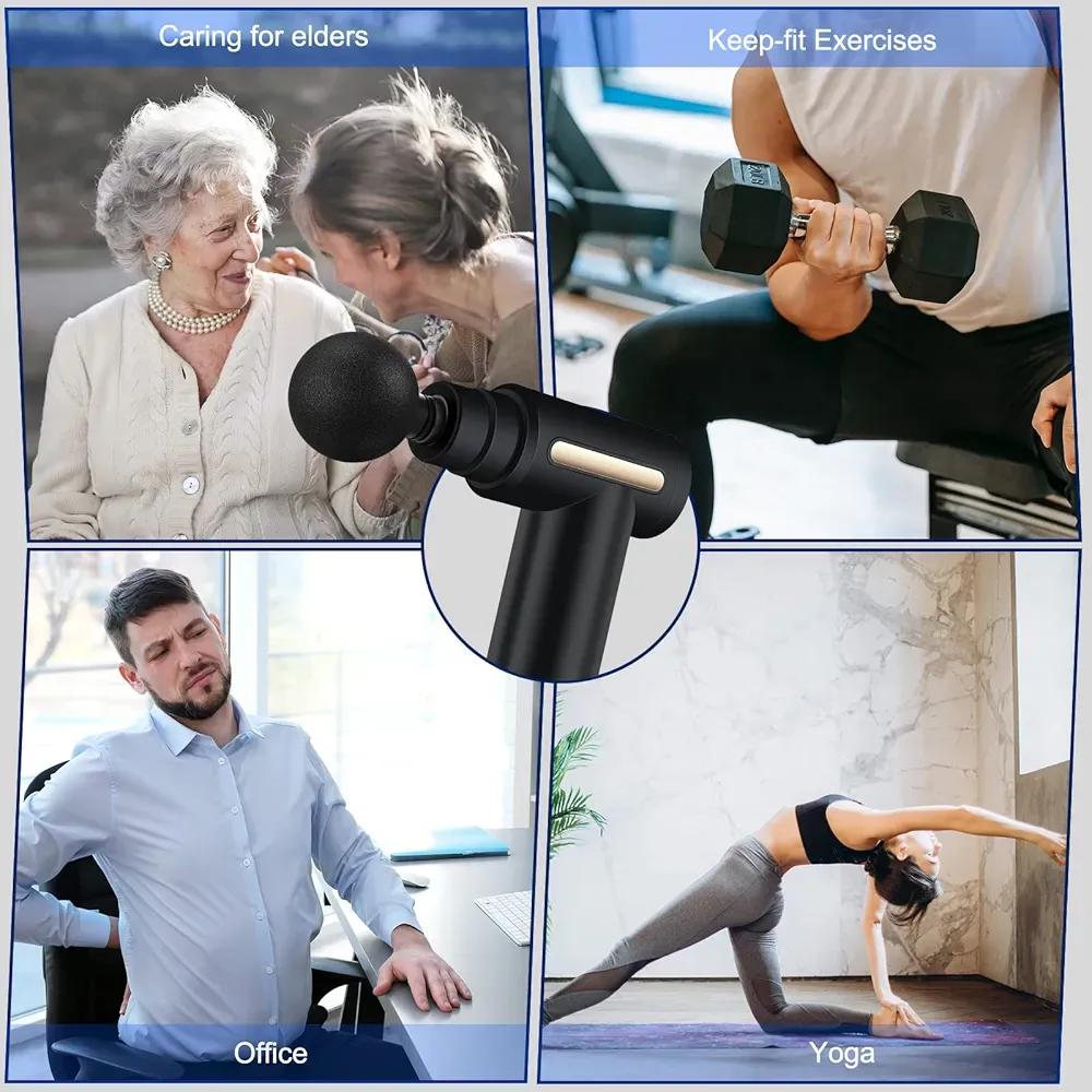Black handheld massager with images of people in various settings like office, yoga, and fitness.