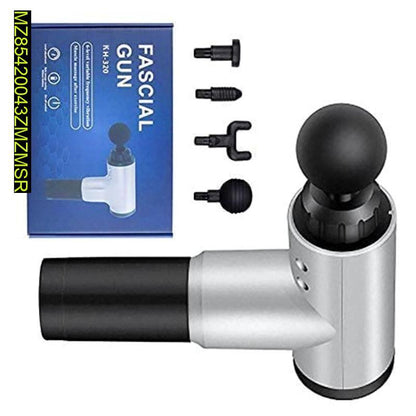 Fascial gun with attachments and packaging on a white background