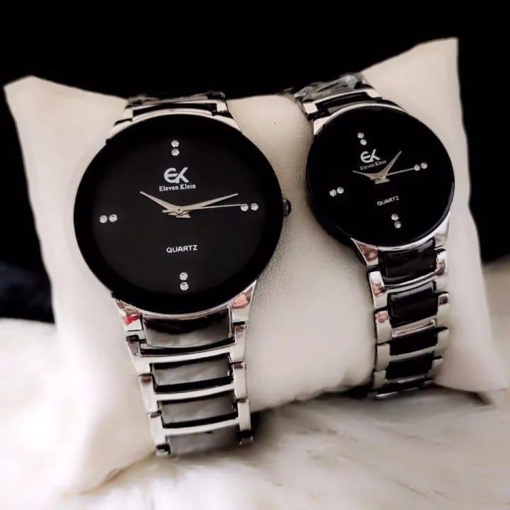 Stylish Unisex Couple Watches – Set of 2 | Quartz Movement | Silver &amp; Black