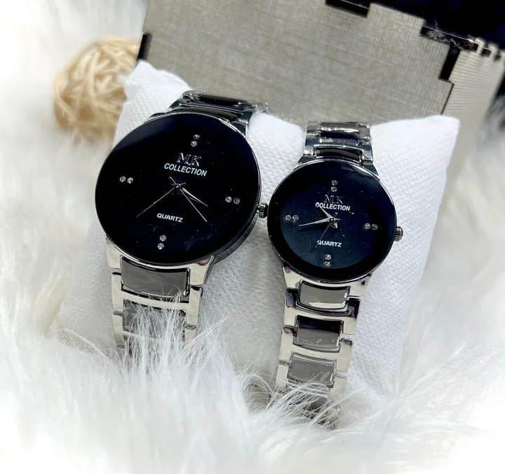 Stylish Unisex Couple Watches – Set of 2 | Quartz Movement | Silver &amp; Black